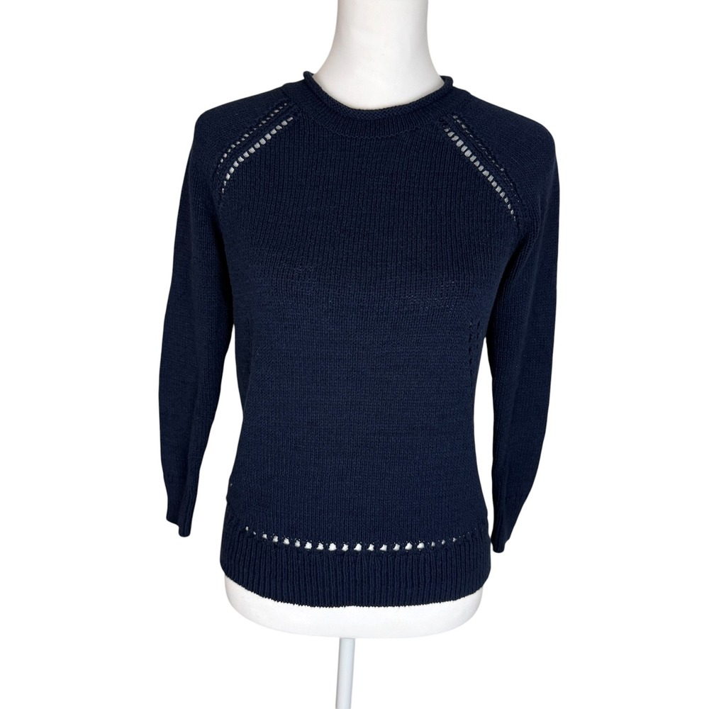 J.Crew Navy Blue Pointelle Raglan Knit Sweater Roll Neck Cotton Pullover Size XS